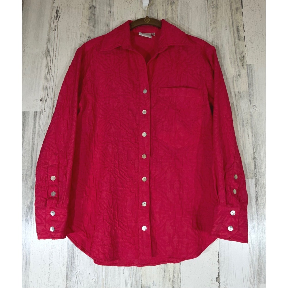 Finley Button Down Shirt XXS Pink Textured Jacquard Floral Long Sleeve USA Made